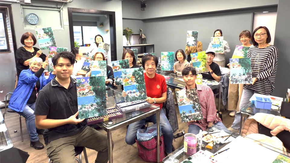 台北風景水彩工作坊實況，20 位學員滿班參與綦宗涵老師的不透明水彩實戰課程。